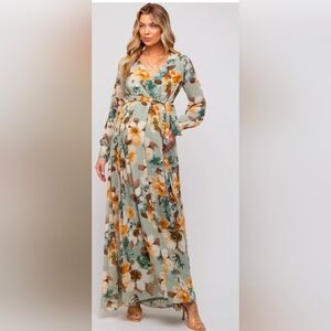 Pinkblush Mint Green Floral Chiffon Wrap Front V-Neck Long Sleeve Maternity sz L